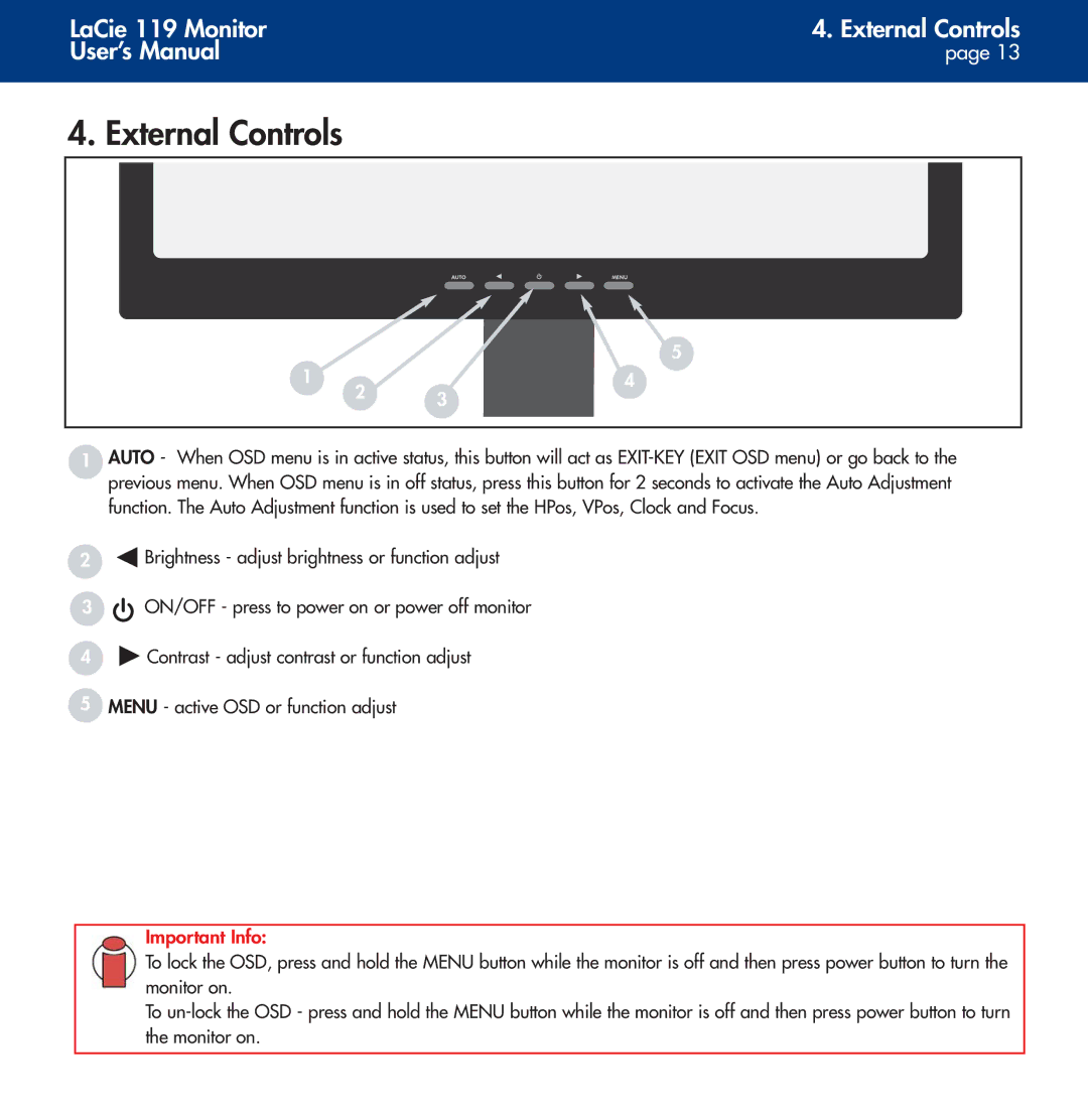 LaCie 119 user manual External Controls 