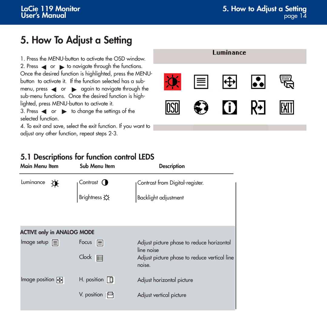 LaCie 119 user manual How To Adjust a Setting, Descriptions for function control Leds 