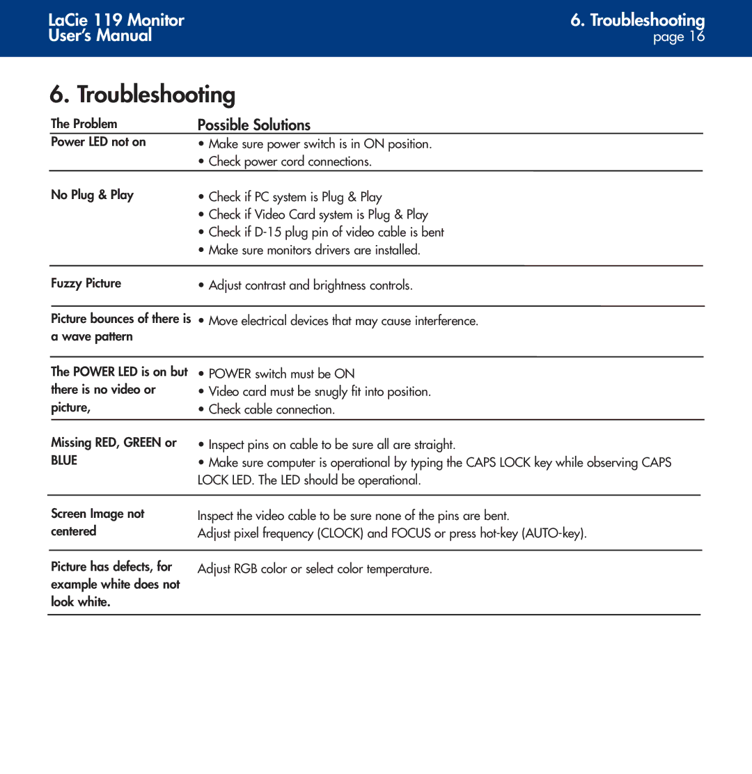 LaCie 119 user manual Troubleshooting, Blue 