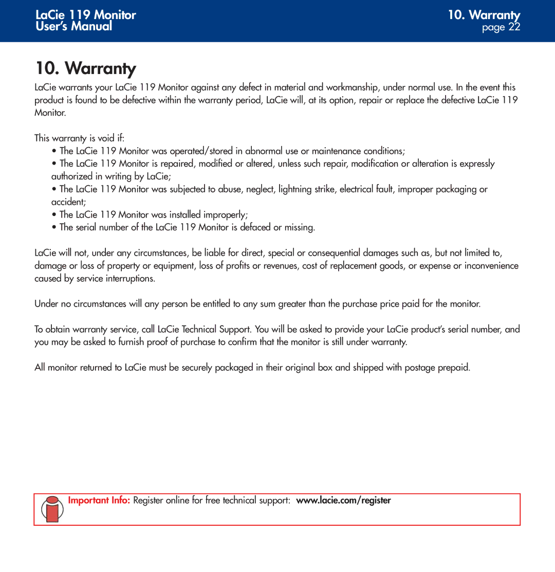 LaCie 119 user manual Warranty 