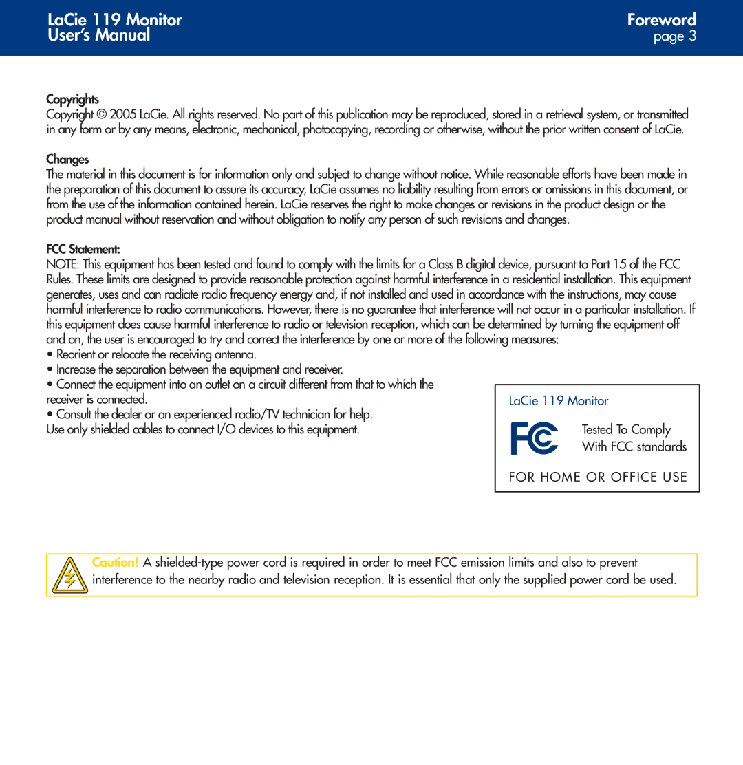 LaCie user manual LaCie 119 Monitor Foreword User’s Manual, For Home or Office USE 