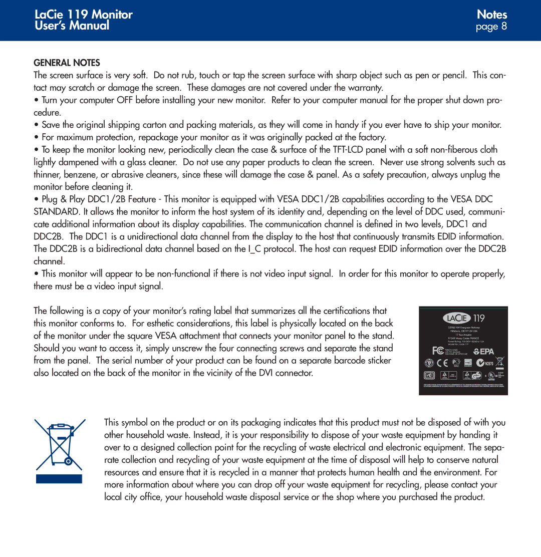 LaCie user manual LaCie 119 Monitor User’s Manual, General Notes 