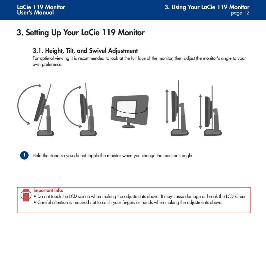 LaCie Setting Up Your LaCie 119 Monitor, Height, Tilt, and Swivel Adjustment, Using Your LaCie 119 Monitor, page 