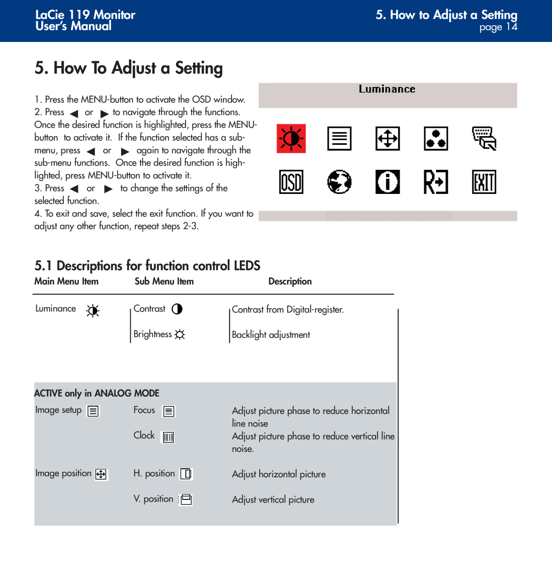 LaCie How To Adjust a Setting, Descriptions for function control LEDS, How to Adjust a Setting, LaCie 119 Monitor, page 