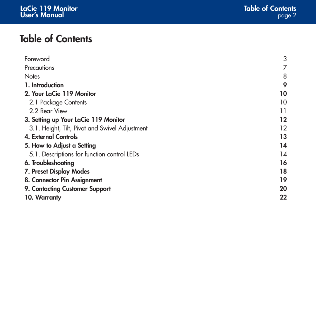 LaCie user manual Table of Contents, LaCie 119 Monitor, User’s Manual 