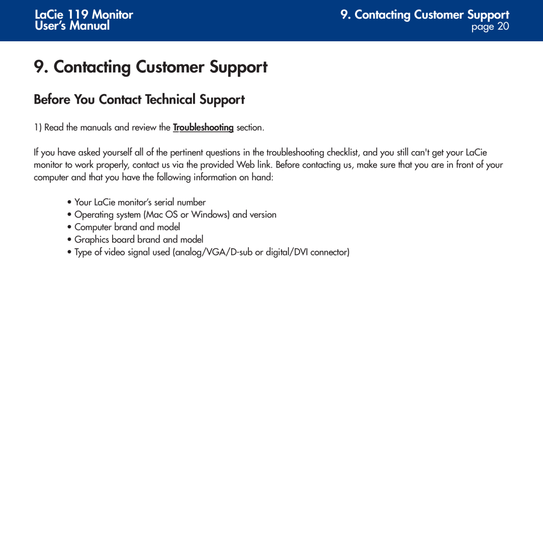 LaCie Contacting Customer Support, Before You Contact Technical Support, LaCie 119 Monitor, User’s Manual, page 