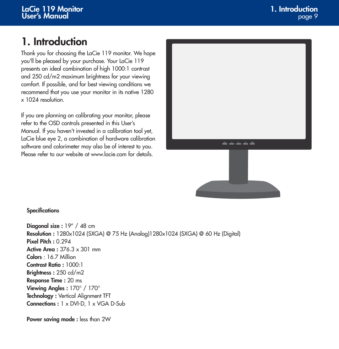 LaCie user manual Introduction, LaCie 119 Monitor, User’s Manual, page 