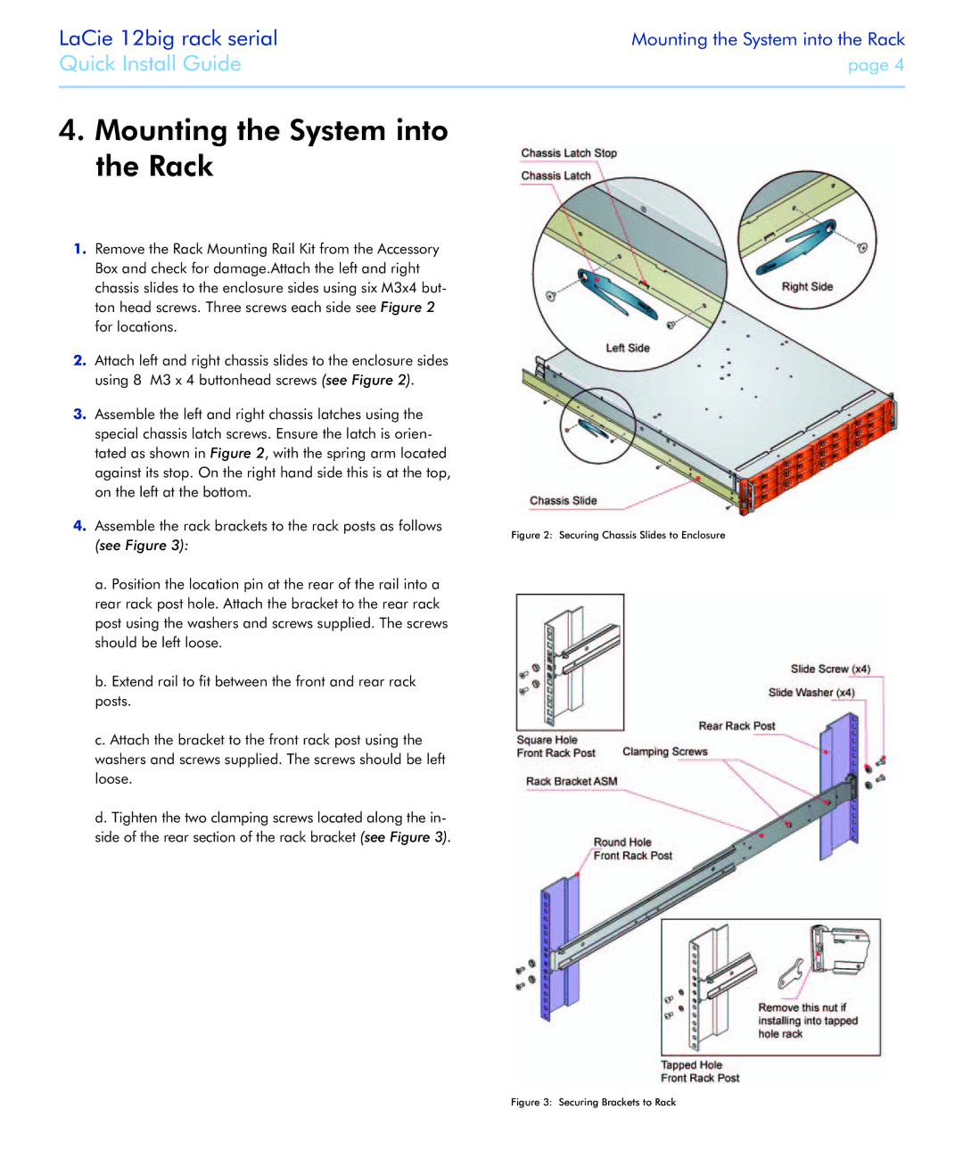 LaCie 12big rack Serial manual Mounting the System into the Rack, Securing Chassis Slides to Enclosure 