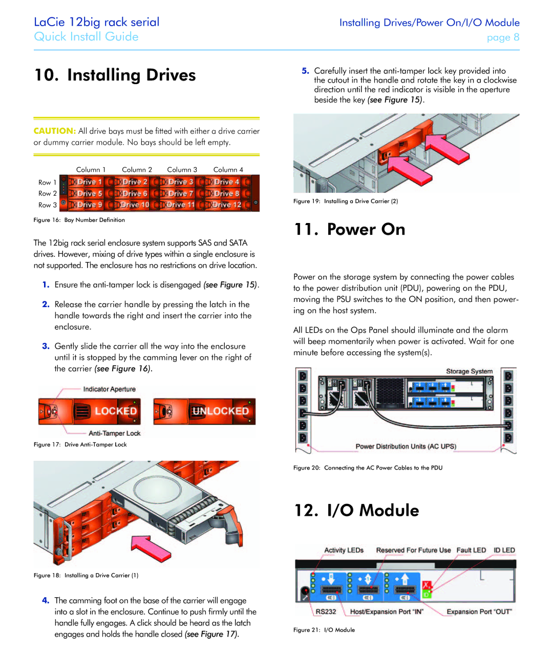 LaCie 12big rack Serial manual Installing Drives, Power On, 12. I/O Module 