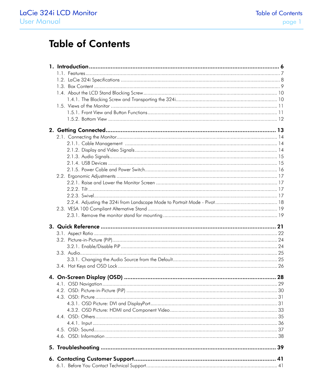 LaCie 131081, 131082, 324I user manual Table of Contents 