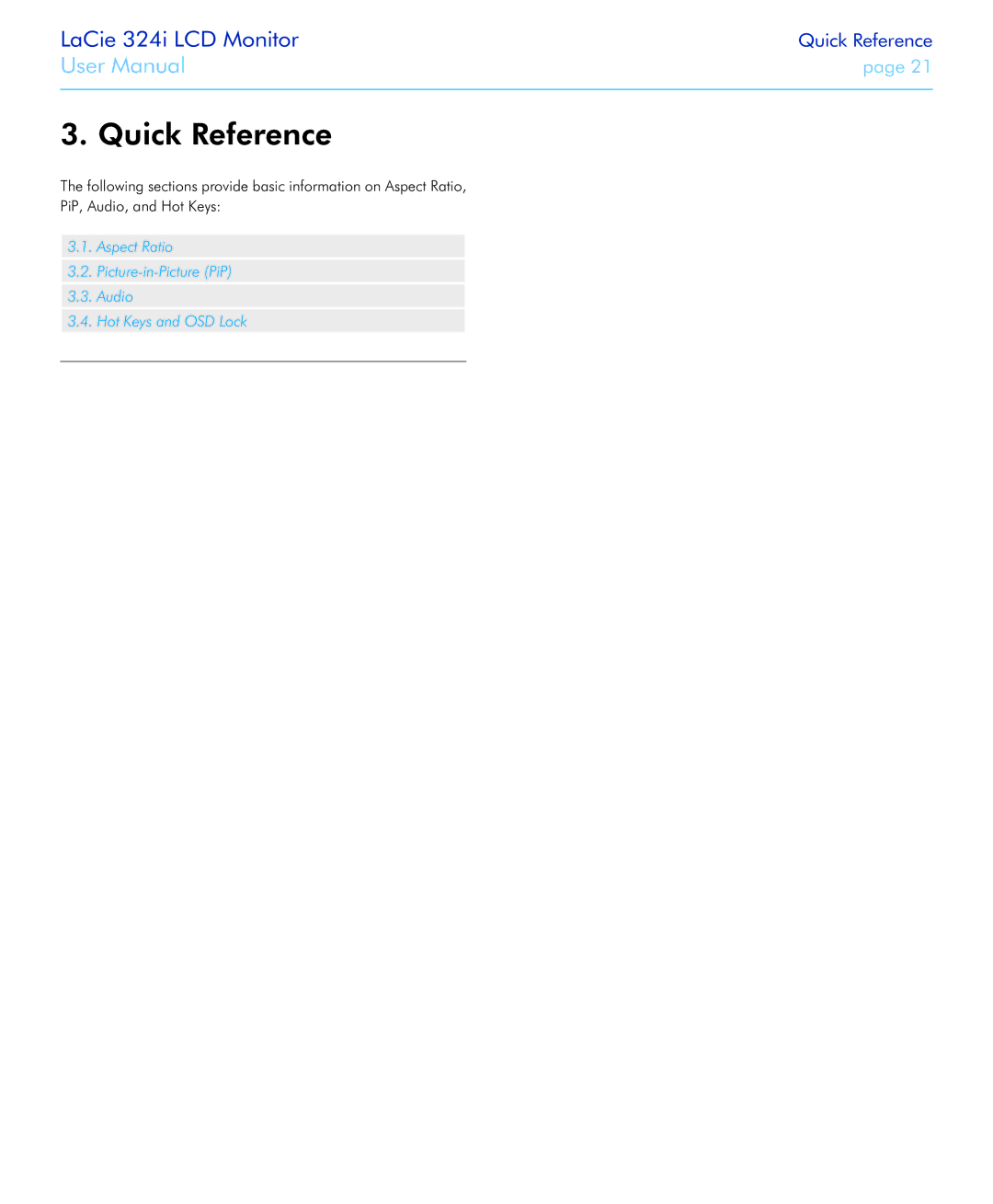 LaCie 131082, 131081, 324I user manual Quick Reference 