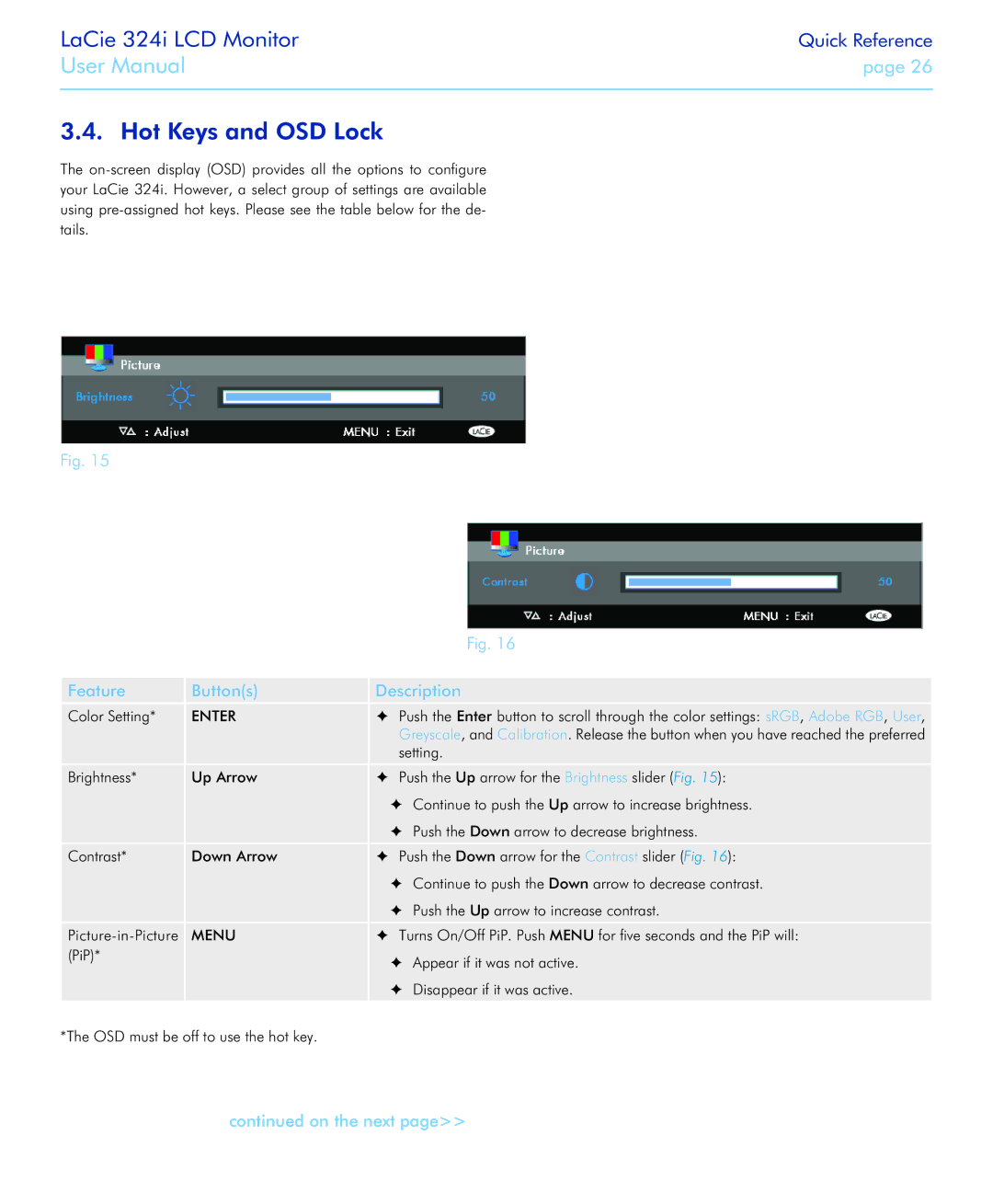 LaCie 324I, 131082, 131081 user manual Hot Keys and OSD Lock, Feature Buttons Description, Color Setting 