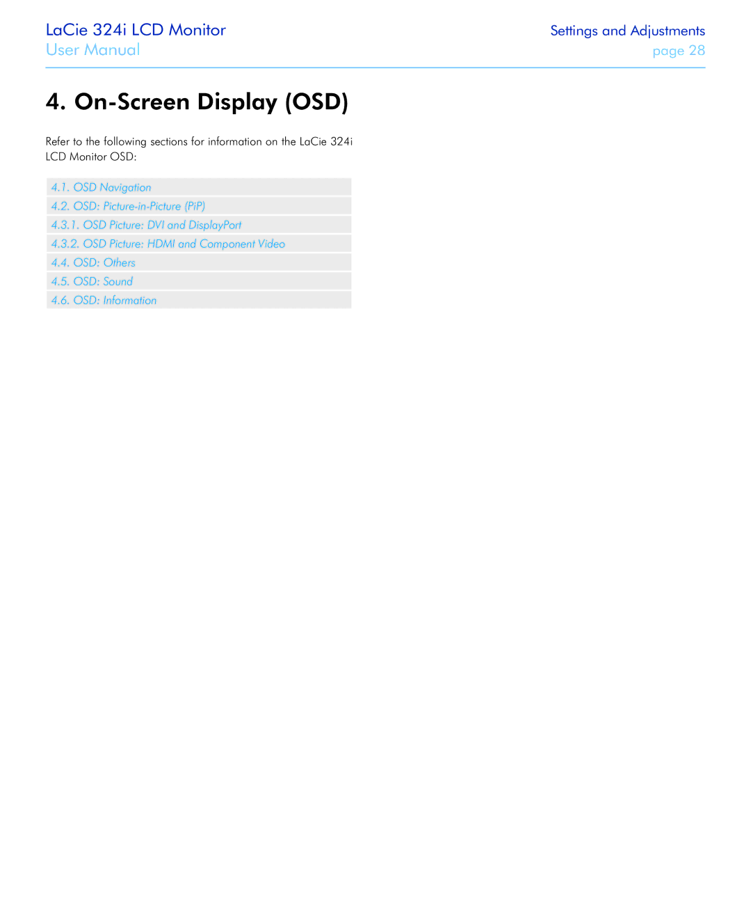 LaCie 131081, 131082, 324I user manual On-Screen Display OSD 