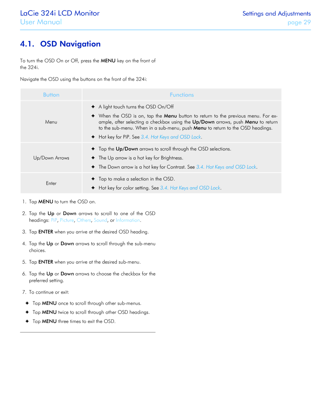 LaCie 324I, 131082, 131081 user manual OSD Navigation, Button Functions 