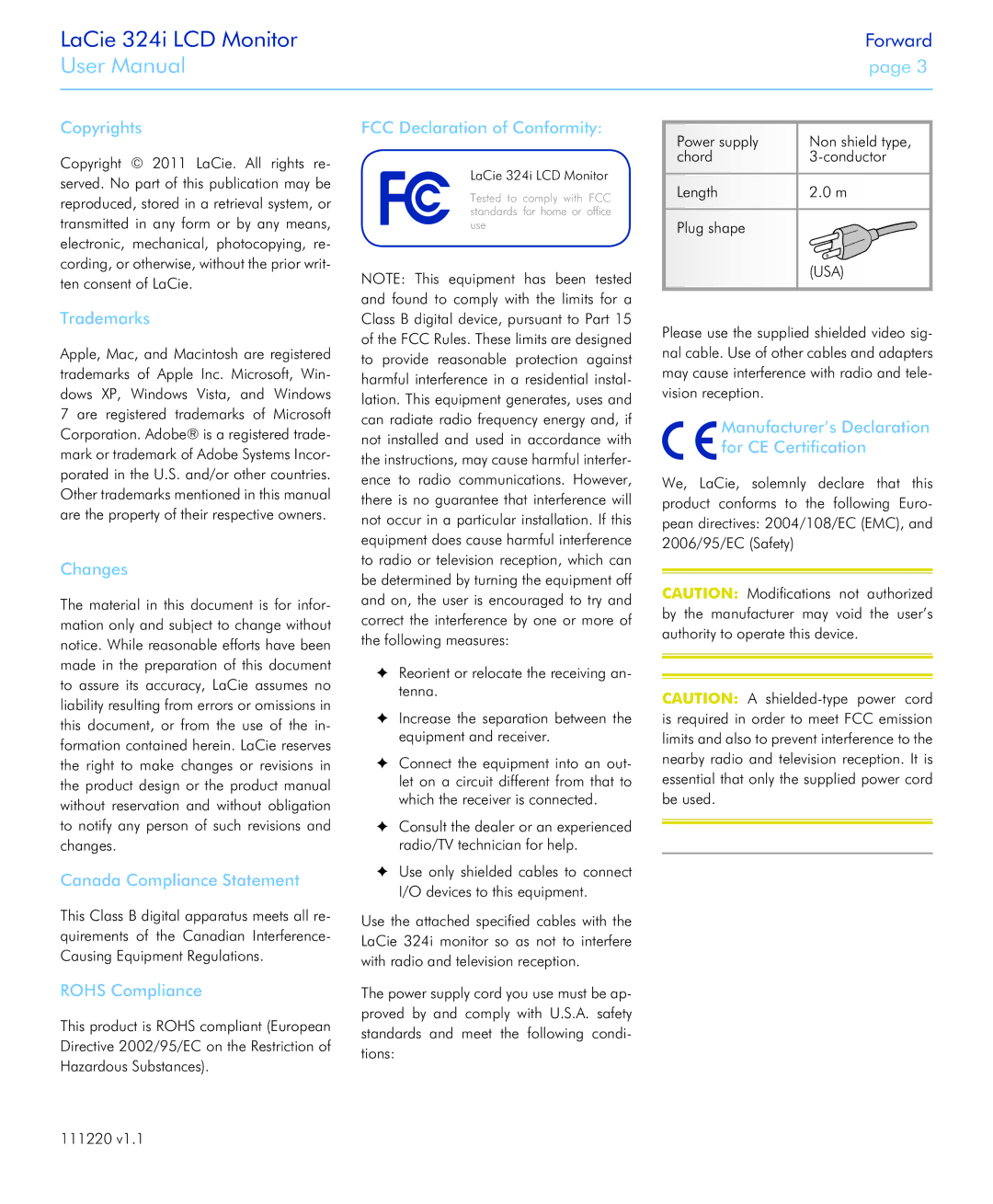 LaCie 131082 Copyrights, Trademarks, Changes, Canada Compliance Statement, Rohs Compliance, FCC Declaration of Conformity 