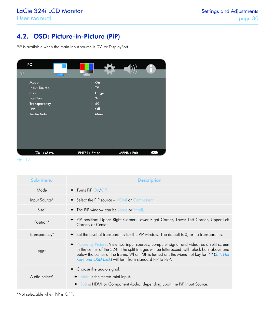 LaCie 131082, 131081, 324I user manual OSD Picture-in-Picture PiP, Sub-menu Description 