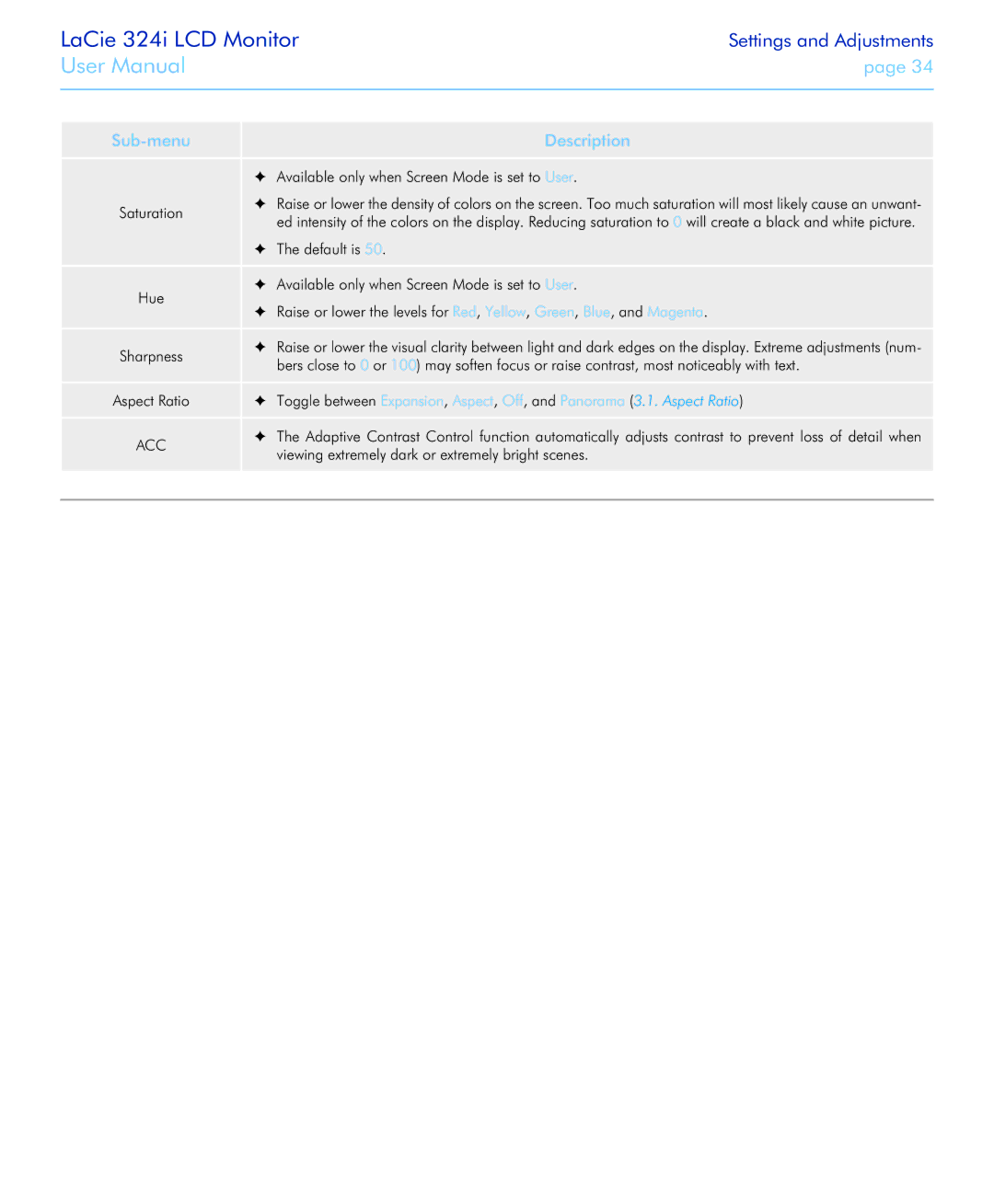 LaCie 131081, 131082, 324I user manual Acc, Viewing extremely dark or extremely bright scenes 