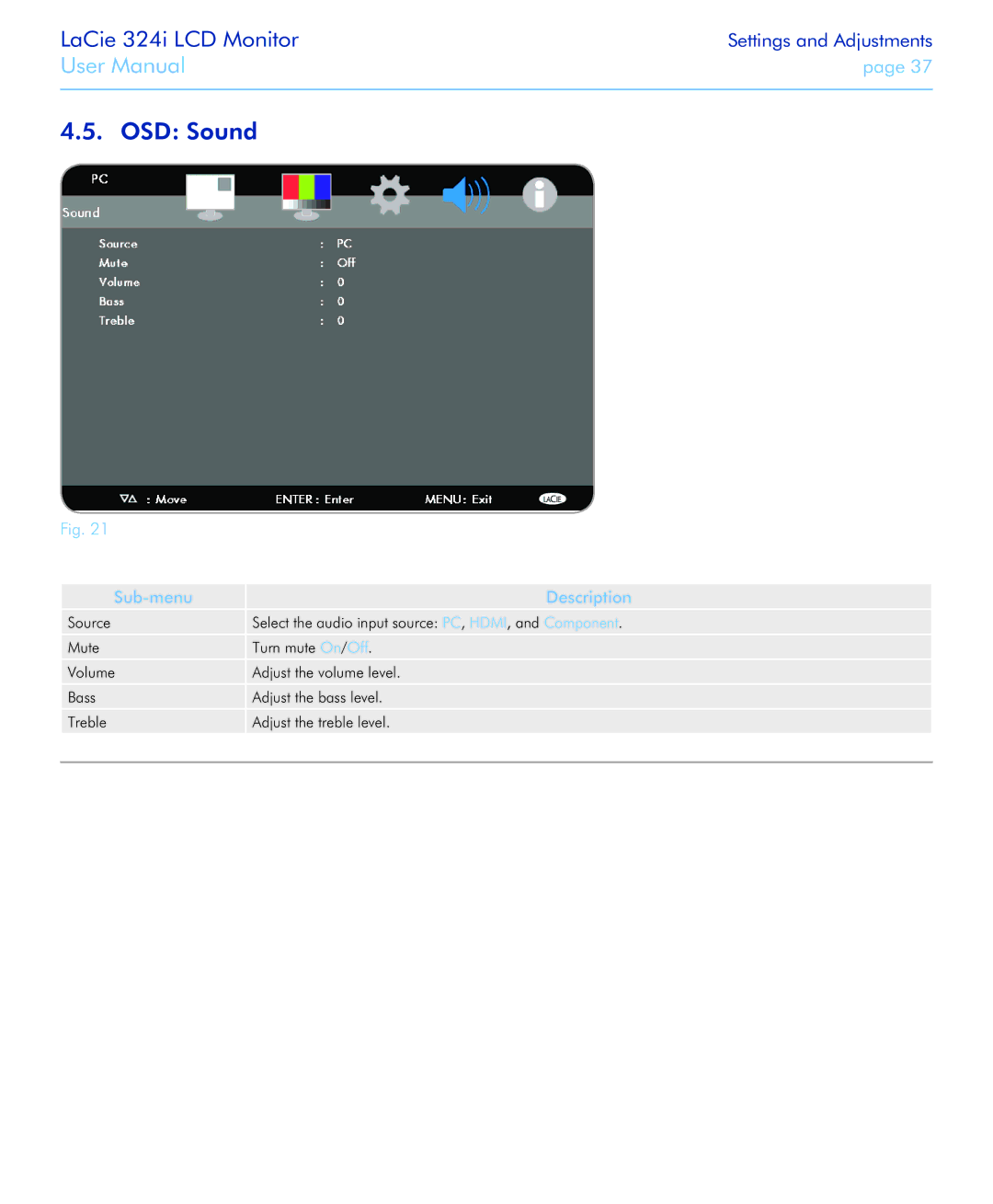 LaCie 131081, 131082, 324I user manual OSD Sound 