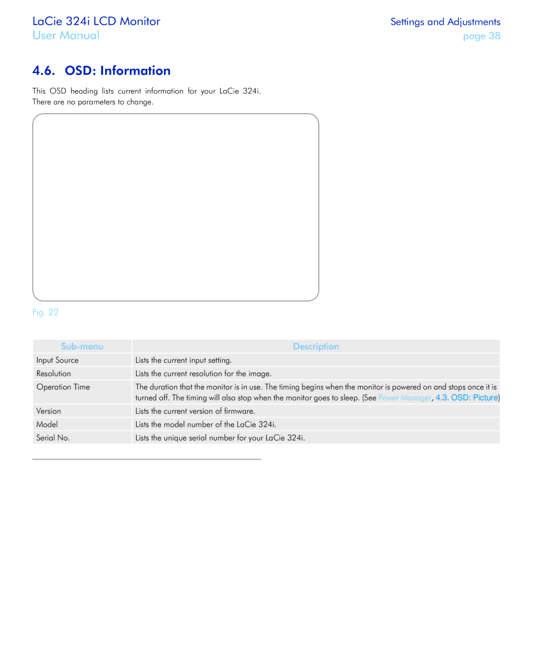 LaCie 324I, 131082, 131081 user manual OSD Information 