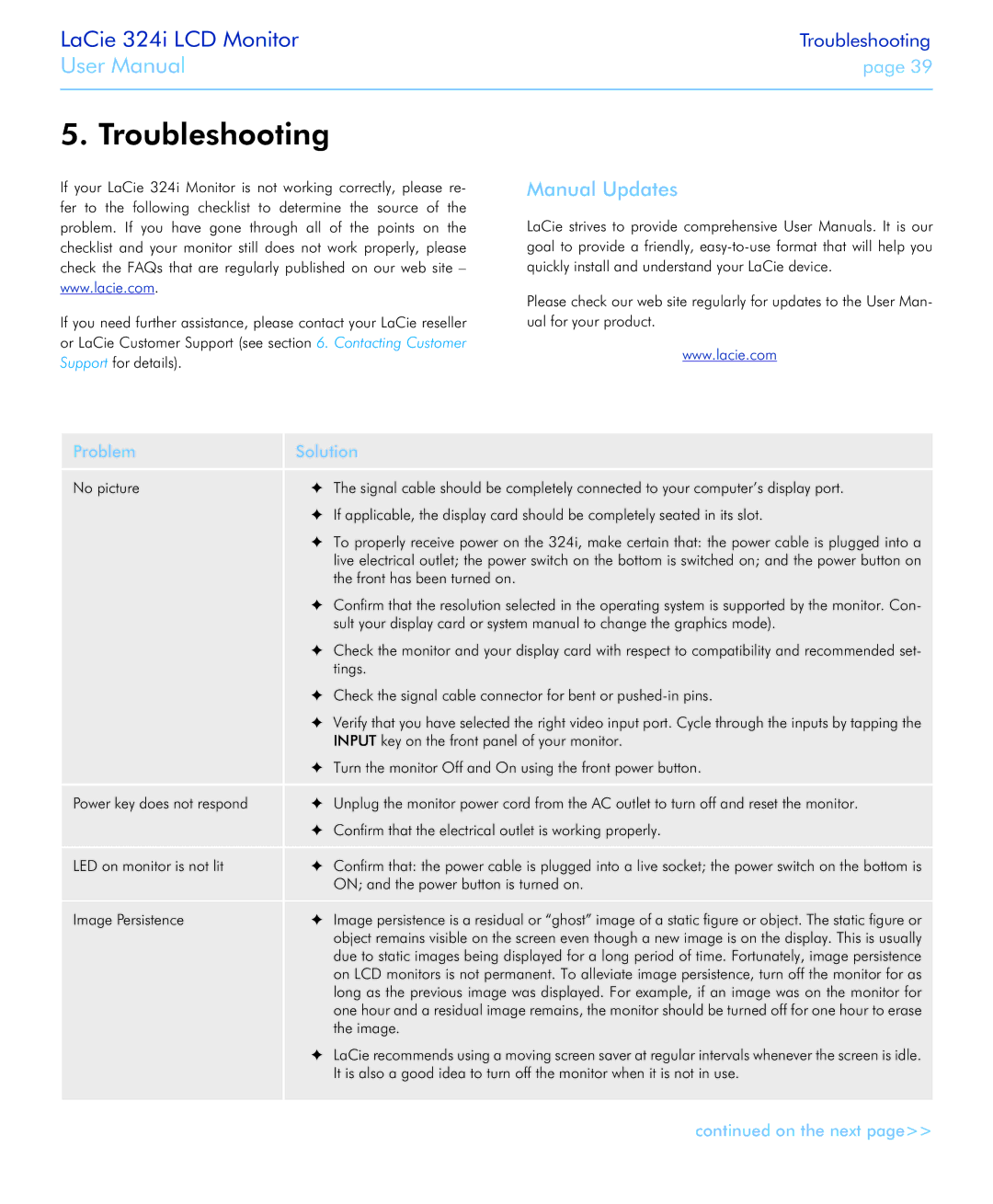 LaCie 131082, 131081, 324I user manual Troubleshooting, Problem Solution 