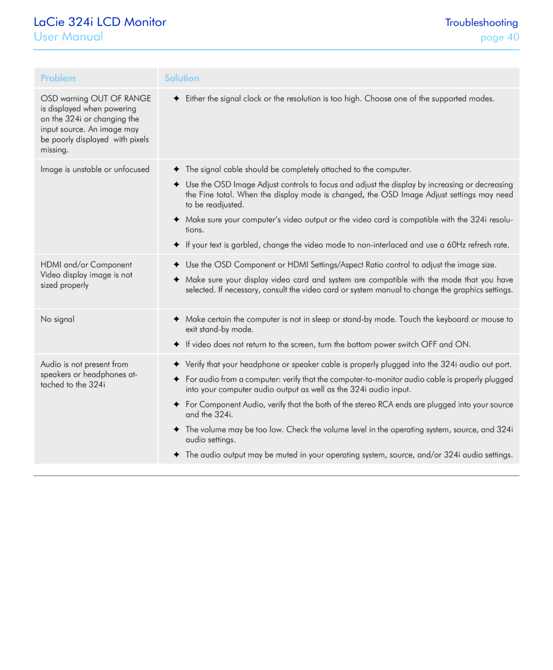 LaCie 131081, 131082 OSD warning OUT of Range, To be readjusted, Tions, Hdmi and/or Component, Video display image is not 