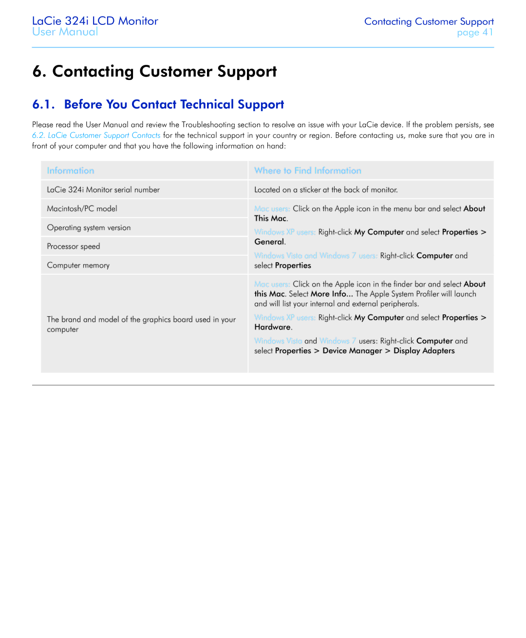 LaCie 324I Contacting Customer Support, Before You Contact Technical Support, Information Where to Find Information 