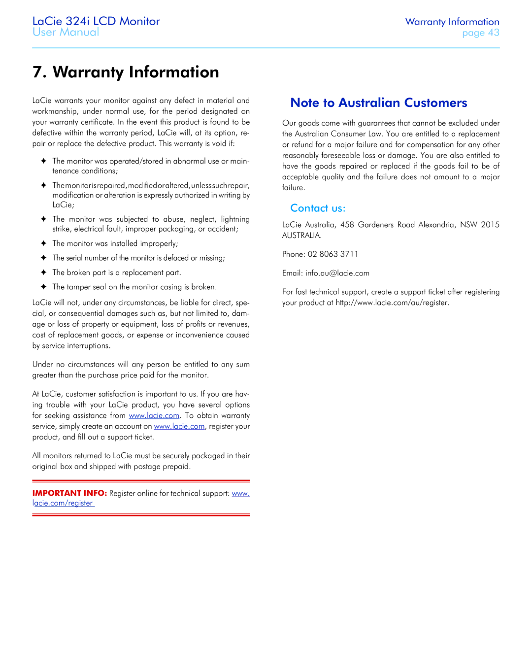 LaCie 131081, 131082, 324I user manual Warranty Information, Contact us 