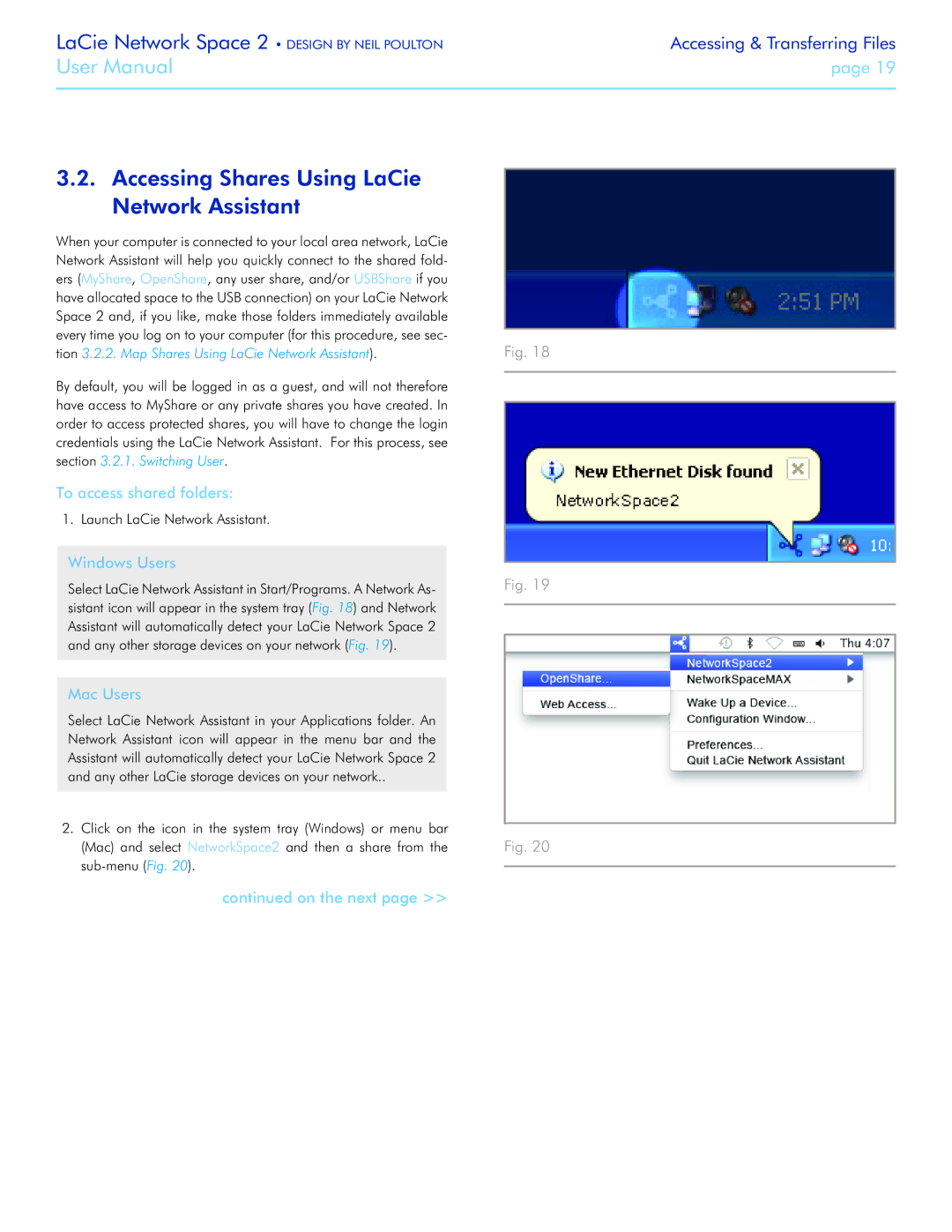 LaCie 2 user manual Accessing Shares Using LaCie Network Assistant, To access shared folders, On the next 