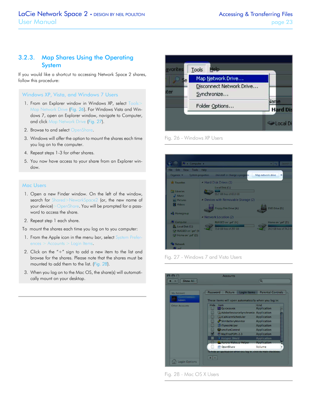 LaCie 2 user manual Map Shares Using the Operating System, Windows XP, Vista, and Windows 7 Users 