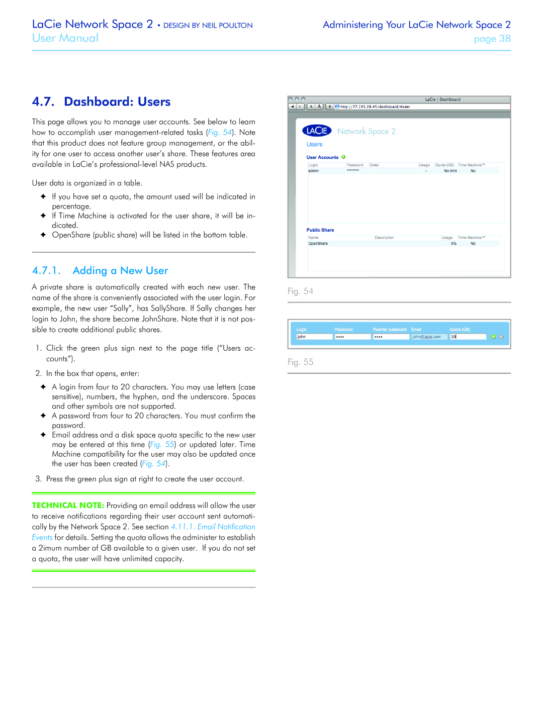 LaCie 2 user manual Dashboard Users, Adding a New User 