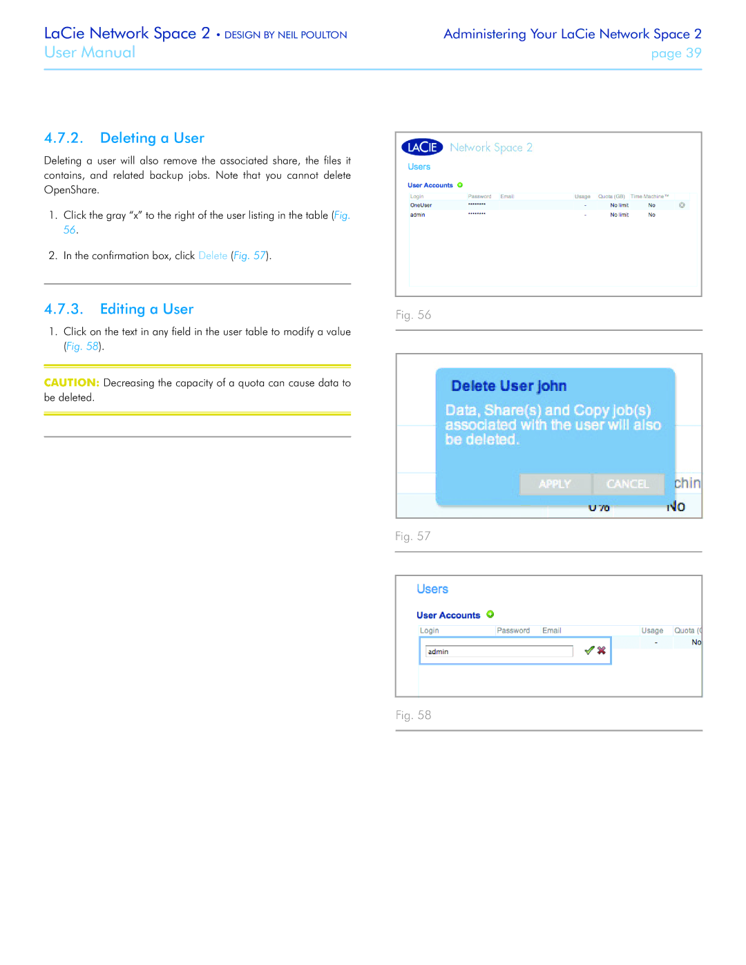 LaCie 2 user manual Deleting a User, Editing a User 