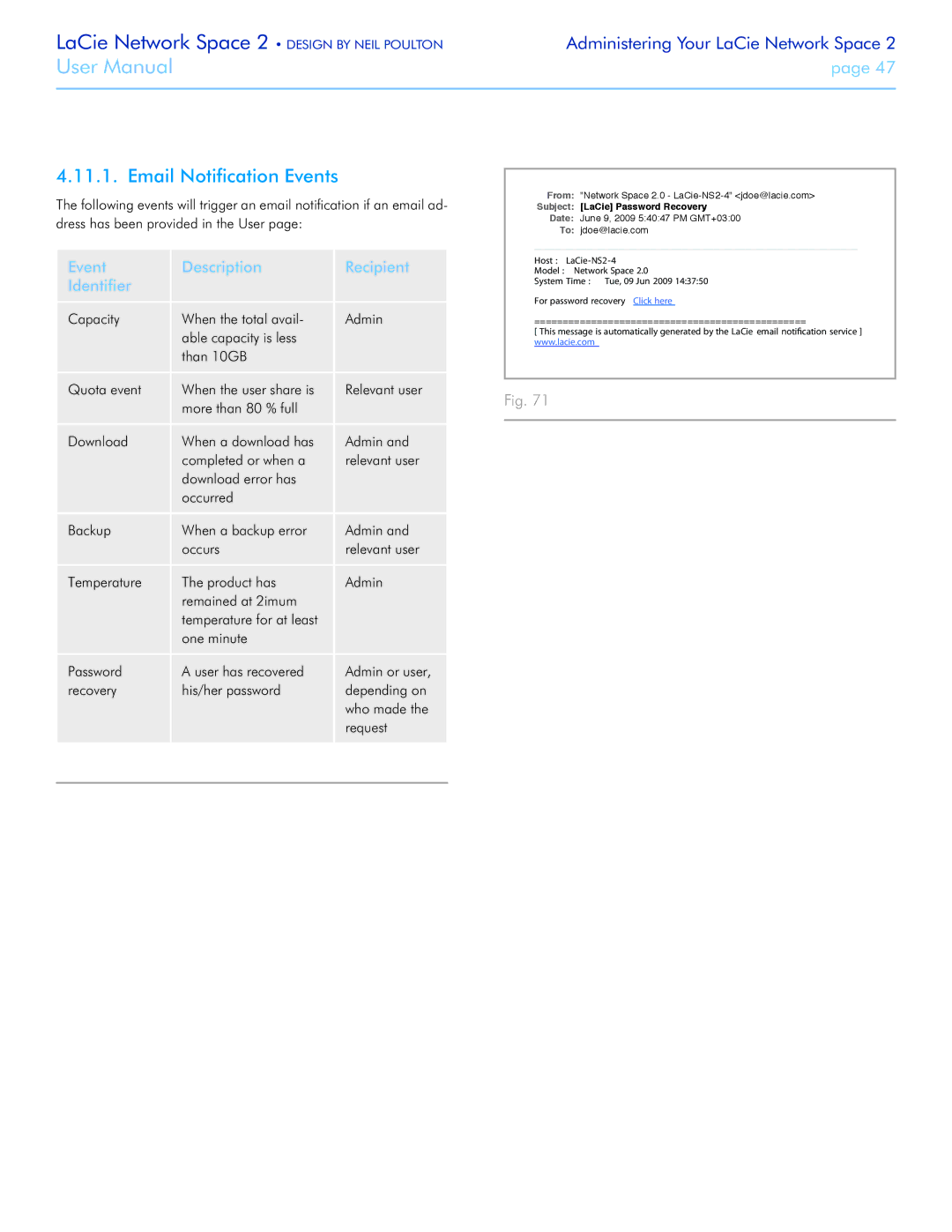 LaCie 2 user manual Email Notification Events, Event Description Recipient Identifier 