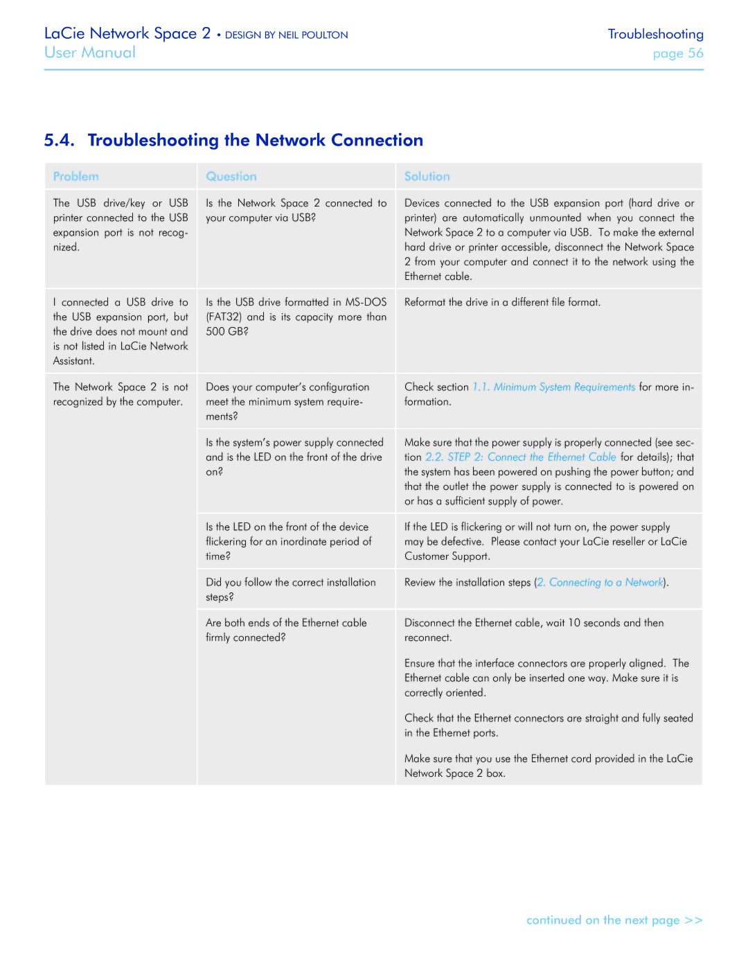 LaCie 2 user manual Troubleshooting the Network Connection, Problem Question Solution 