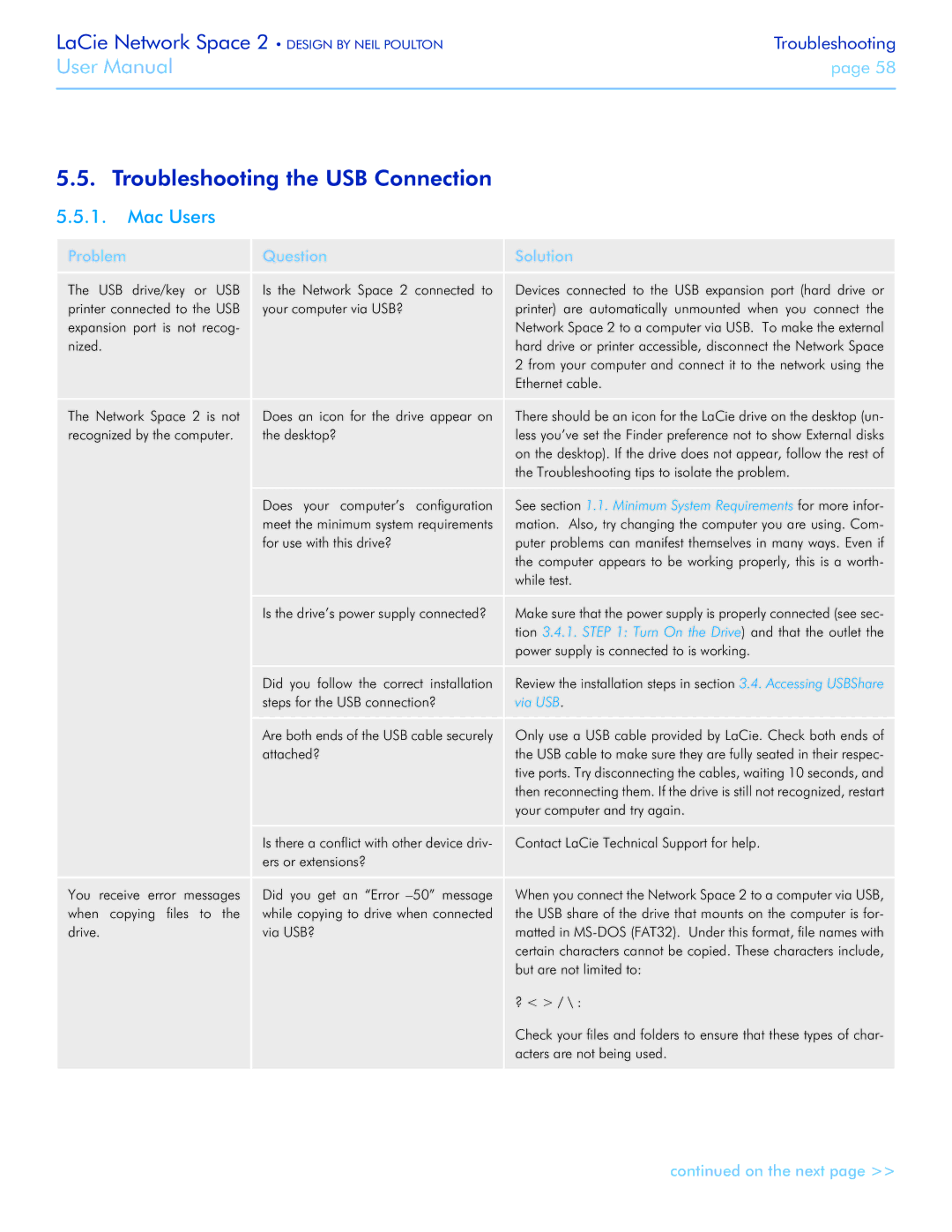 LaCie 2 user manual Troubleshooting the USB Connection, Mac Users 