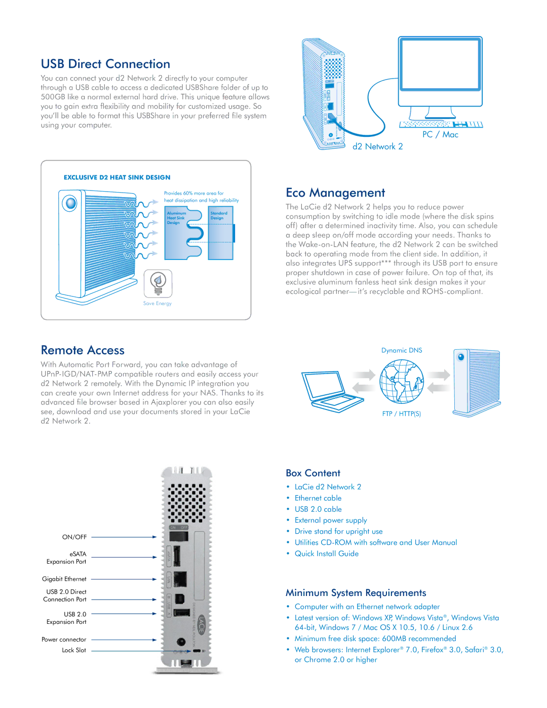 LaCie 2 manual USB Direct Connection, Remote Access, Eco Management 