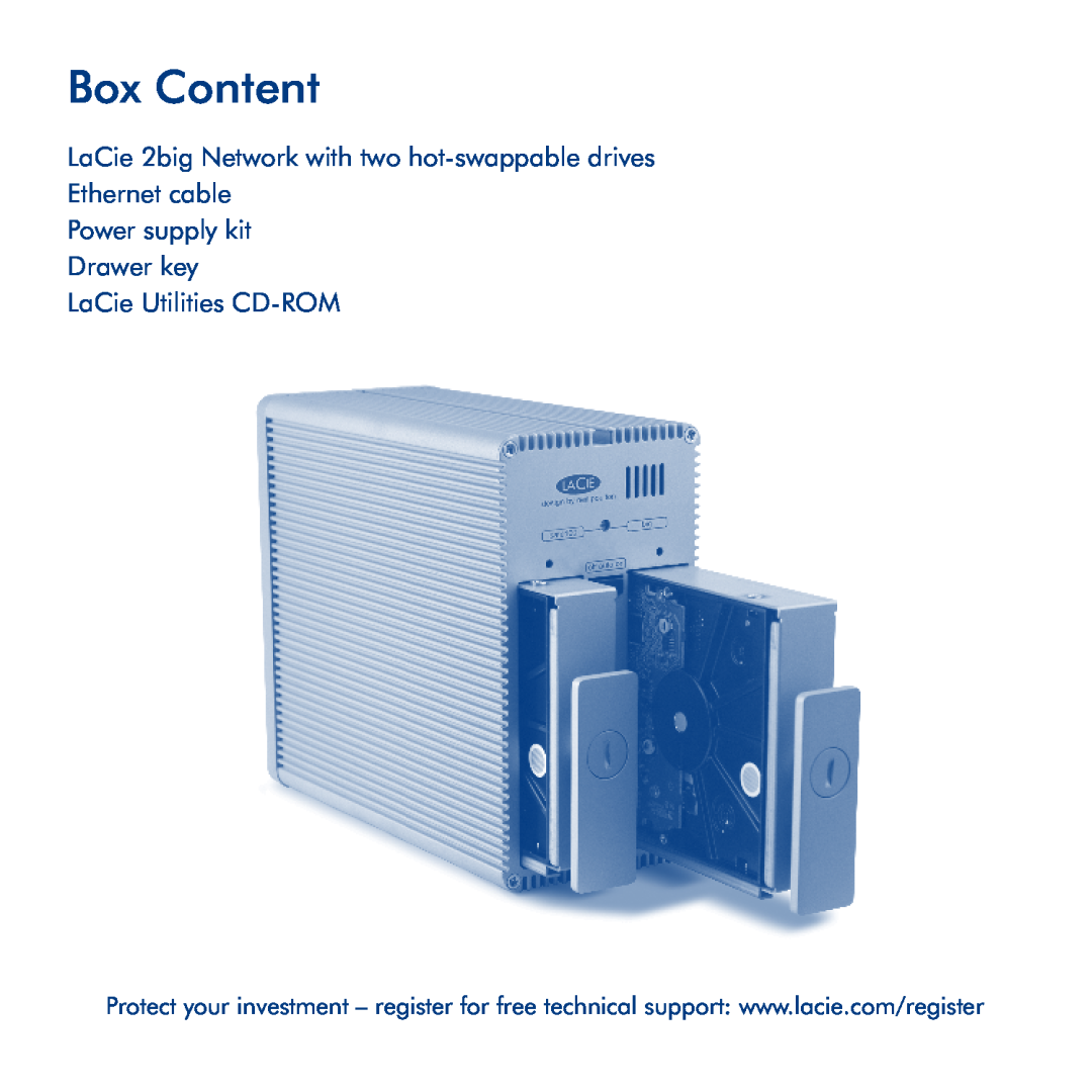 LaCie 2big metwork manual Box Content, LaCie 2big Network with two hot-swappable drives Ethernet cable 