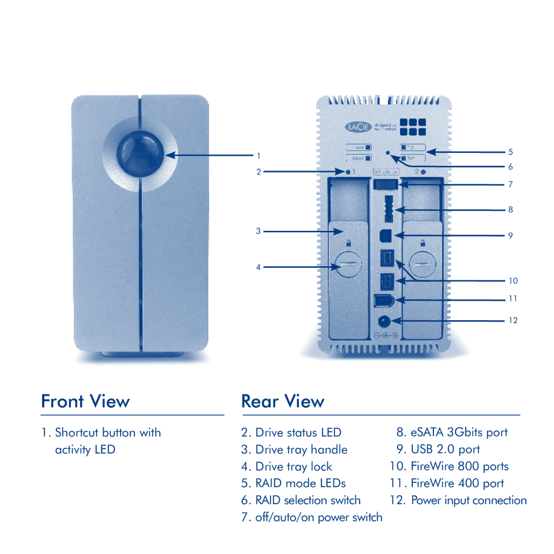 LaCie 2big Quadra manual Front View Rear View 