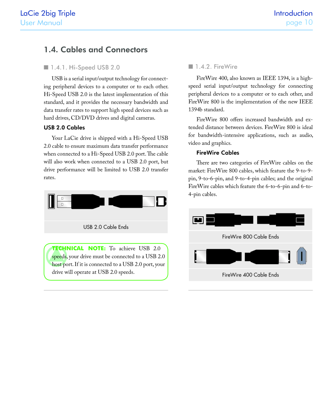 LaCie 2big triple manual Cables and Connectors, Hi-Speed USB, USB 2.0 Cables, FireWire Cables 