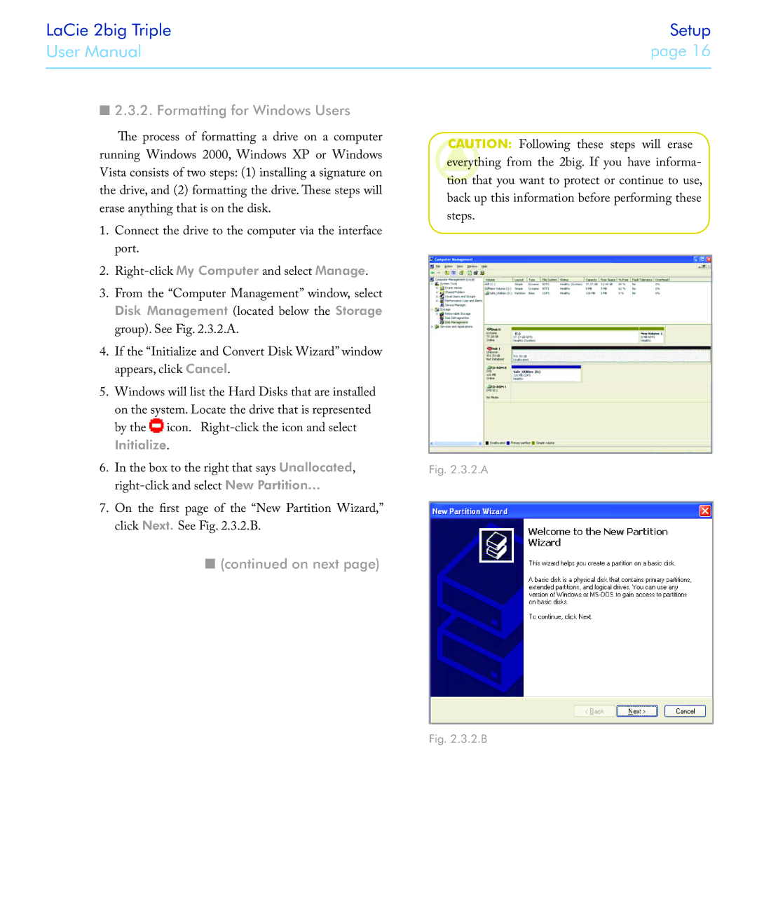 LaCie 2big triple manual Formatting for Windows Users, On next 