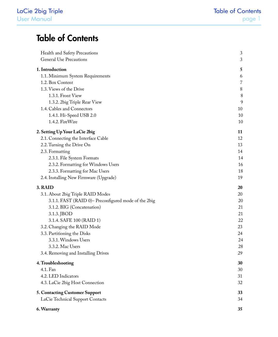 LaCie 2big triple manual Table of Contents 