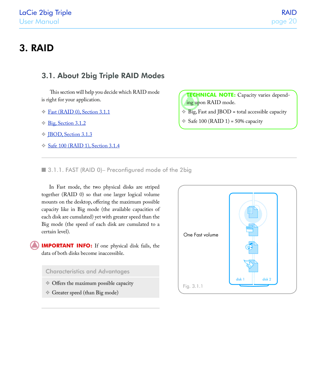 LaCie 2big triple manual About 2big Triple RAID Modes, Fast RAID 0- Preconfigured mode of the 2big 