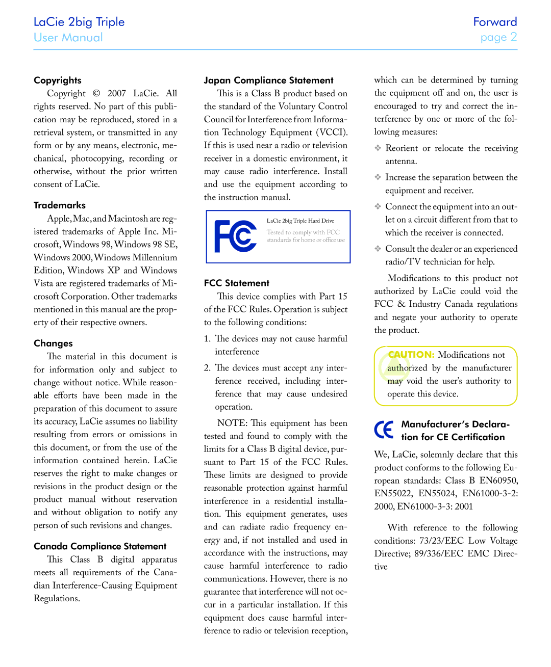 LaCie 2big triple manual Copyrights, Trademarks, Changes, Canada Compliance Statement This Class B digital apparatus 