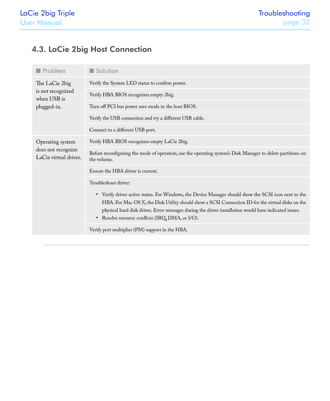 LaCie 2big triple manual LaCie 2big Host Connection, Problem Solution 