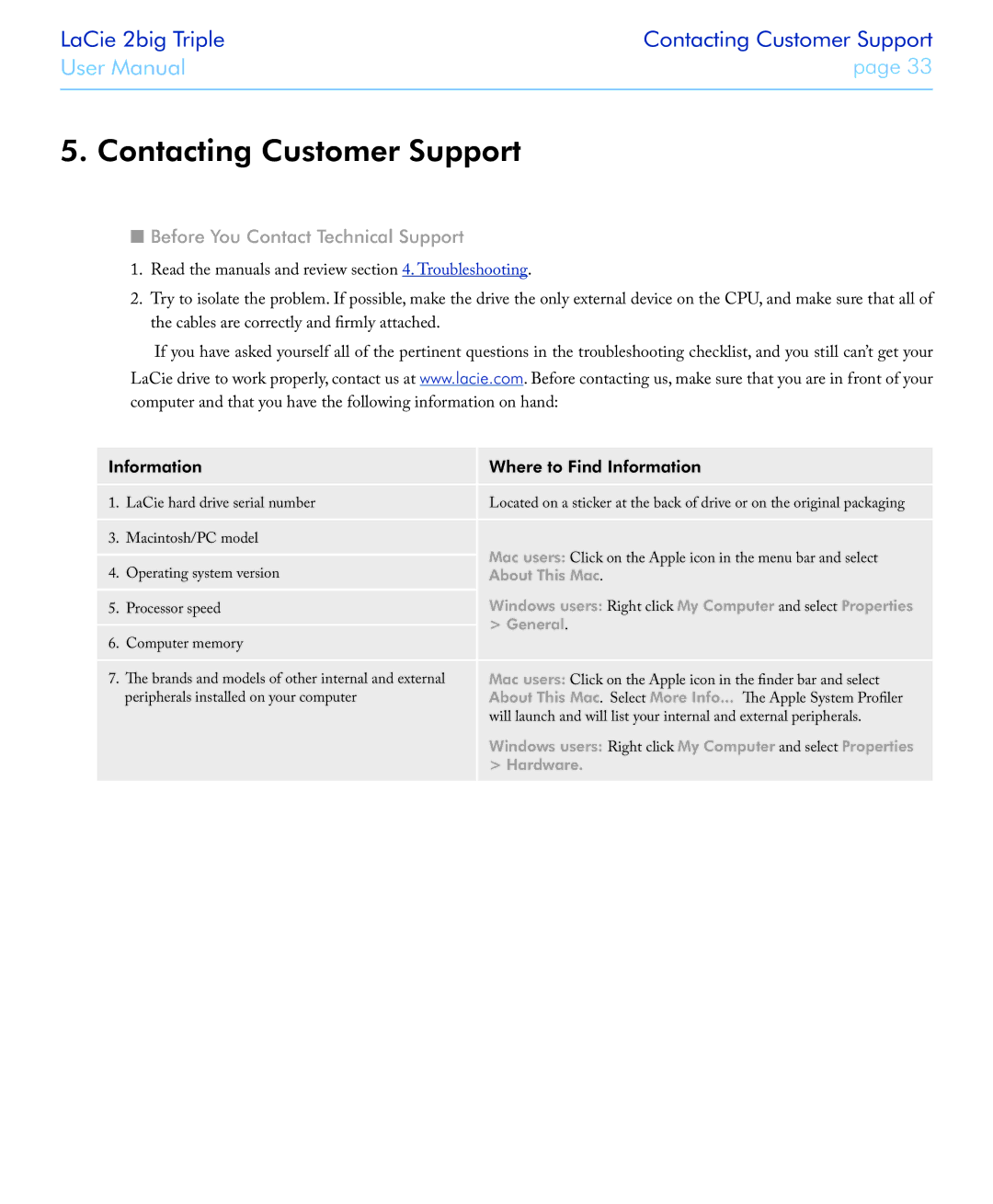 LaCie 2big triple Contacting Customer Support, Before You Contact Technical Support, Information Where to Find Information 