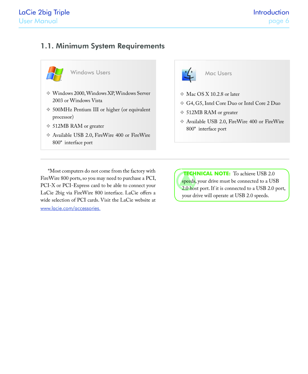 LaCie 2big triple manual Minimum System Requirements, Windows Users, Mac Users 