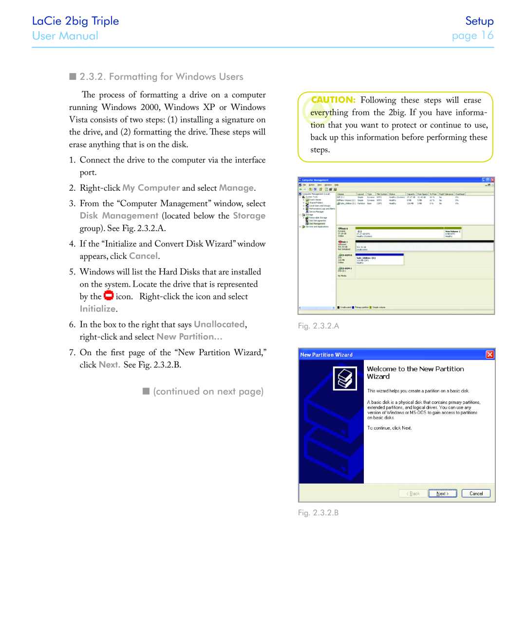 LaCie 2big triple Formatting for Windows Users, continued on next page, Initialize, LaCie 2big Triple, Setup, User Manual 