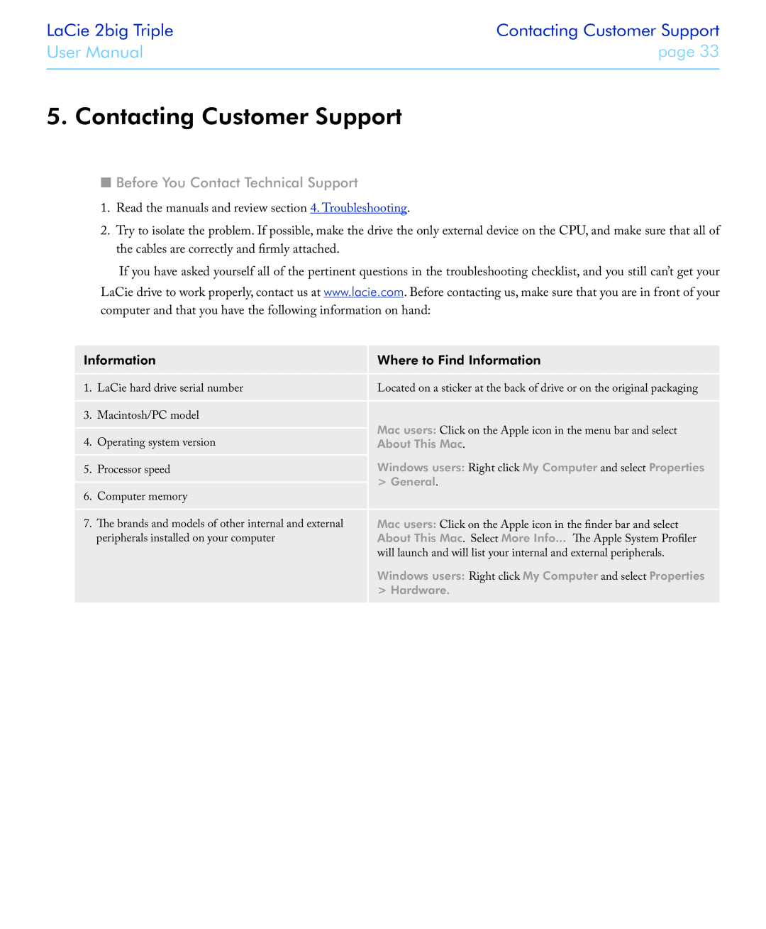 LaCie 2big triple Contacting Customer Support, Before You Contact Technical Support, Information, LaCie 2big Triple, page 