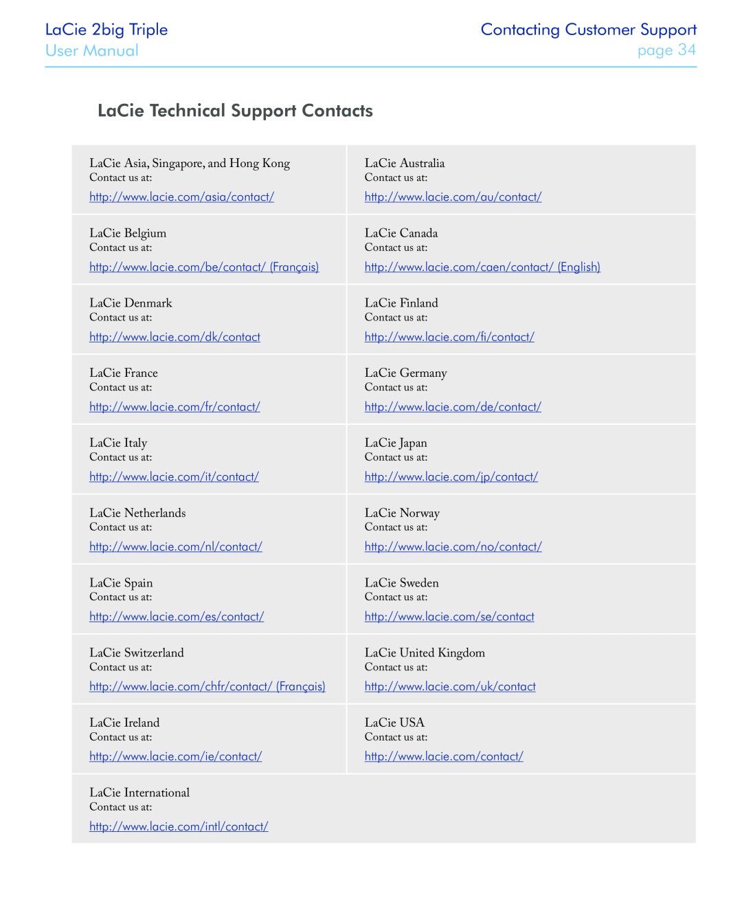 LaCie 2big triple LaCie Technical Support Contacts, LaCie 2big Triple, Contacting Customer Support, User Manual, page 