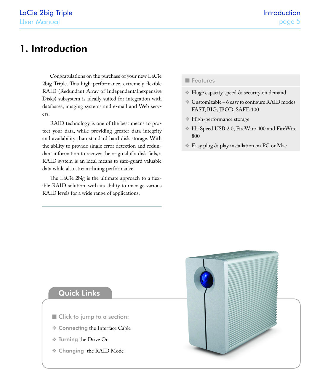 LaCie 2big triple Introduction, Features, Click to jump to a section, Quick Links, LaCie 2big Triple, User Manual, page  