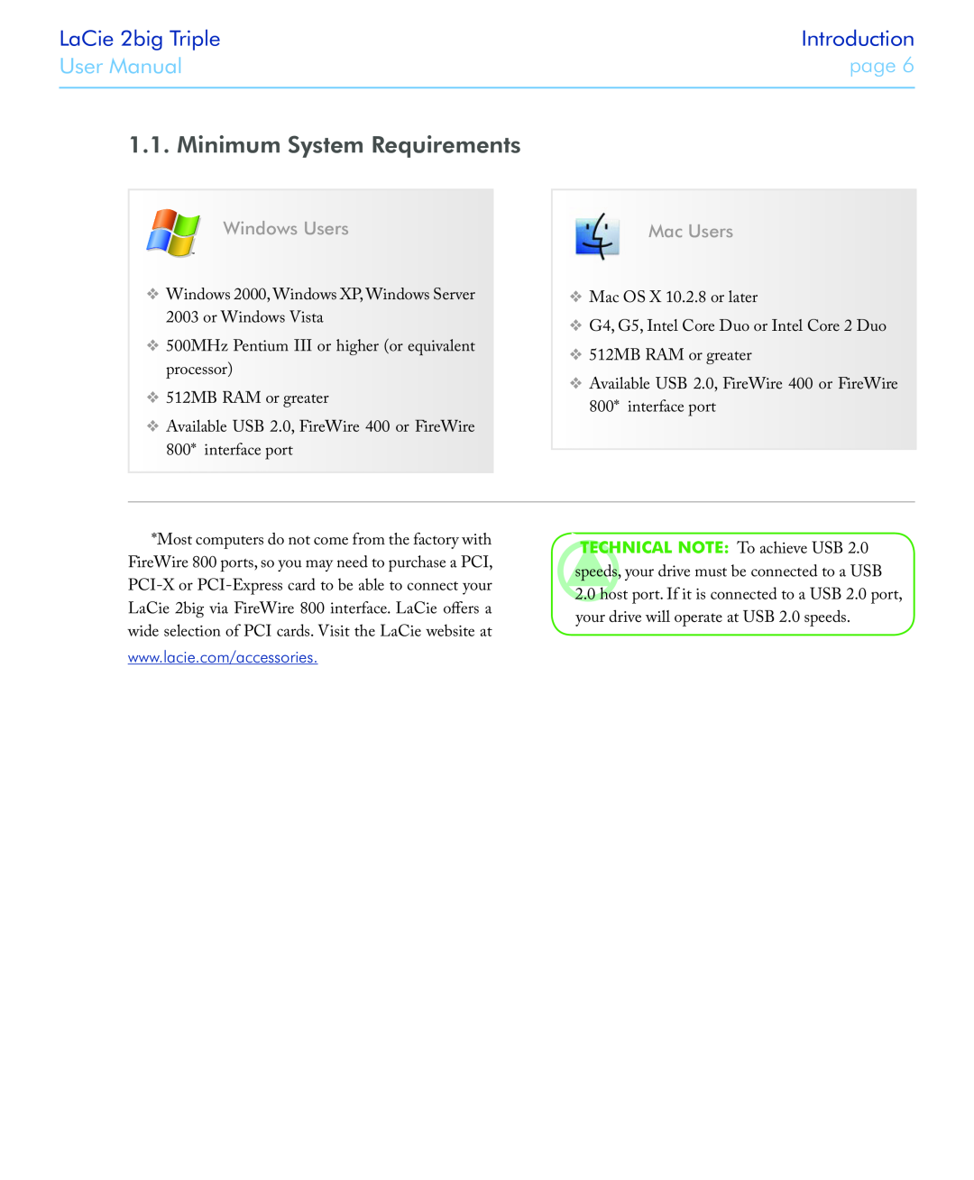 LaCie 2big triple Minimum System Requirements, Windows Users, Mac Users, LaCie 2big Triple, Introduction, User Manual 